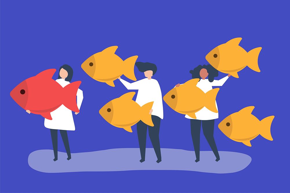People carrying fish icons in leadership concept