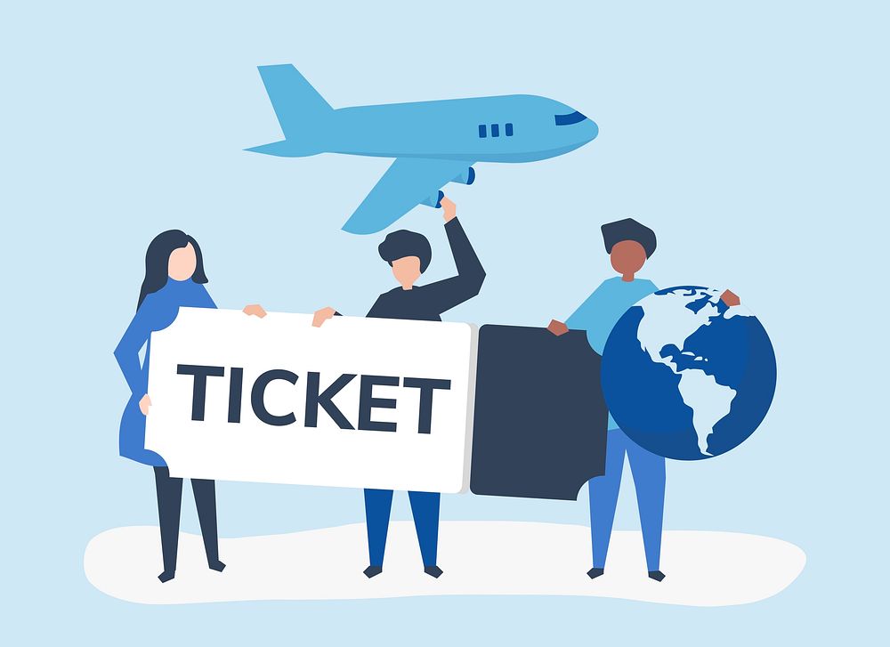 People holding a flight ticket travel related icons