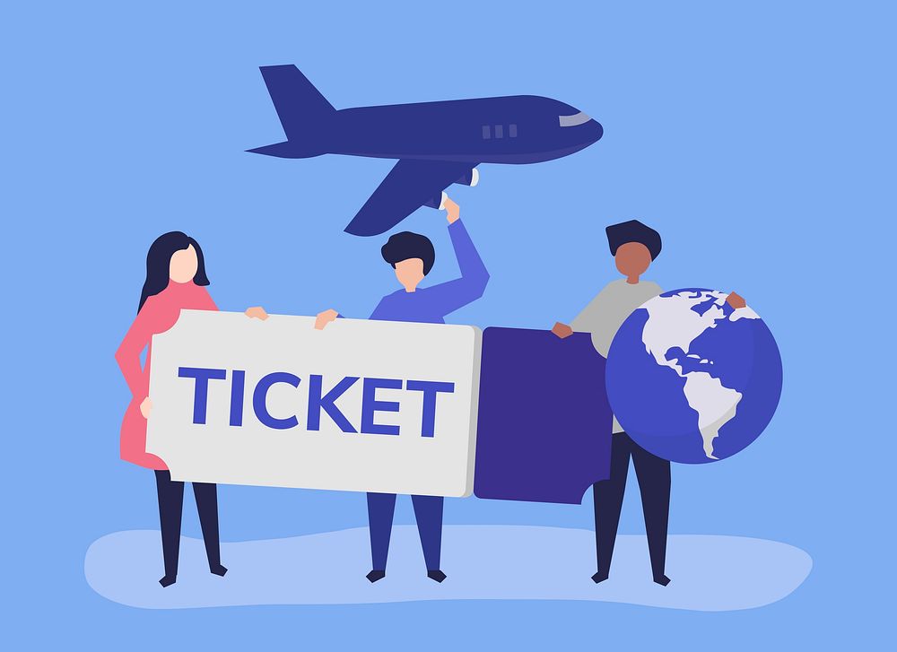 People holding a flight ticket travel related icons