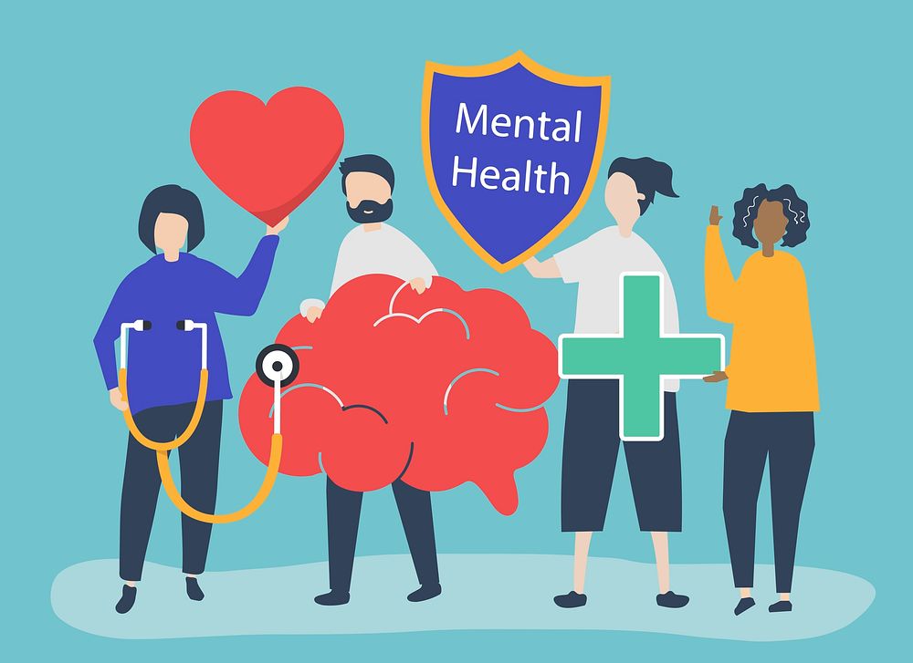 People holding icons related to mental health