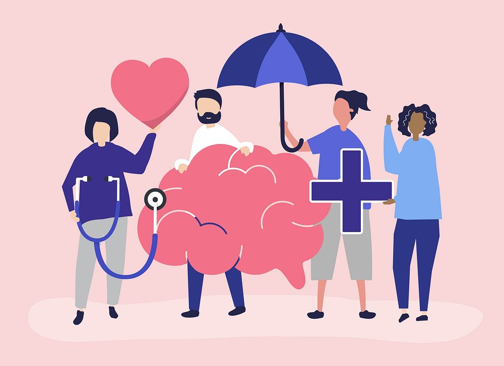 People holding icons related to mental health