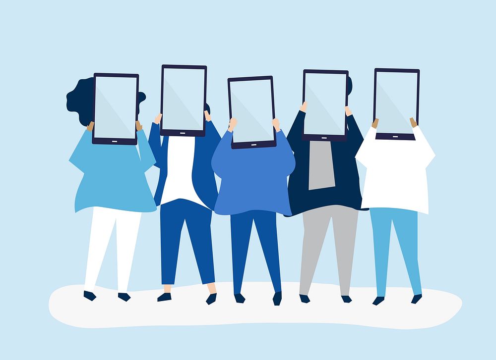 Character illustration of people holding digital tablets