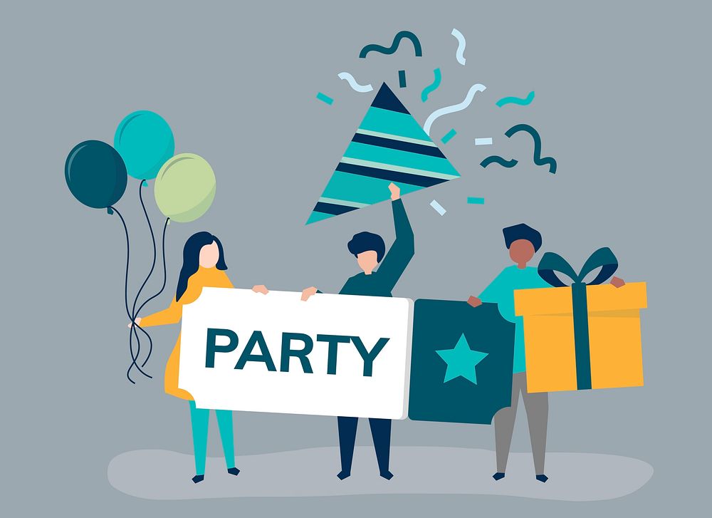 Character illustration of people with party icons