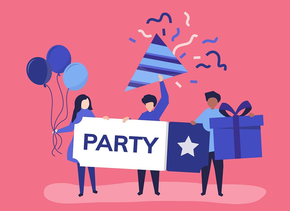 Character illustration of people with party icons