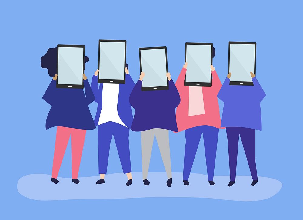 Character illustration of people holding digital tablets