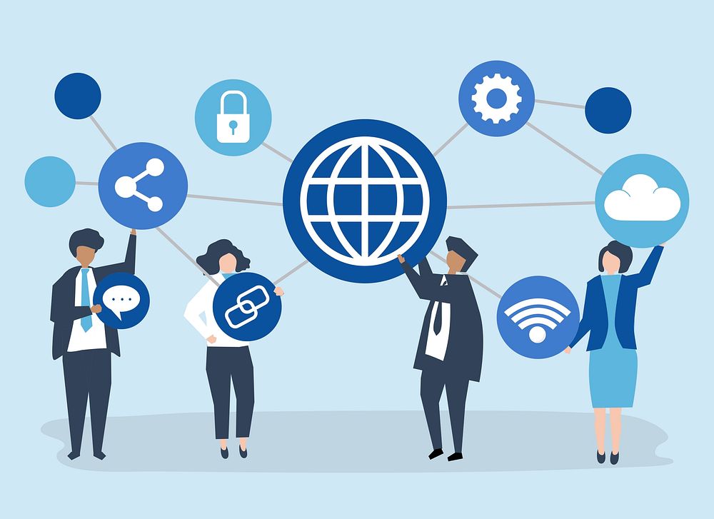 Character illustration of business people with connection icons