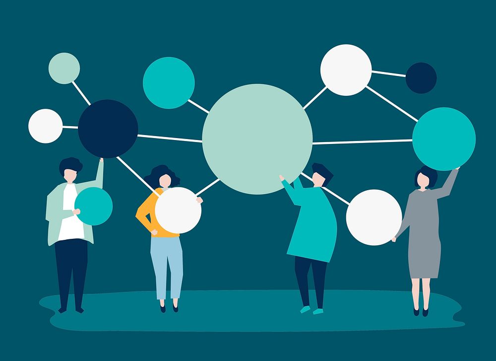 People holding connected copy space circle icons illustration
