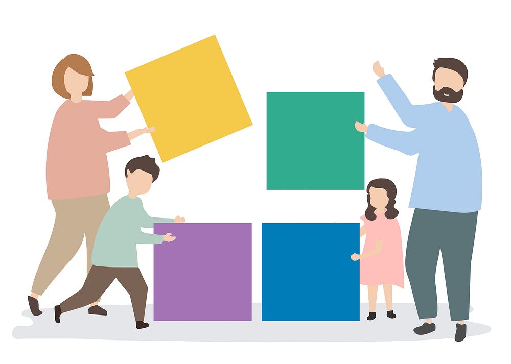 Family holding colorful blocks illustration