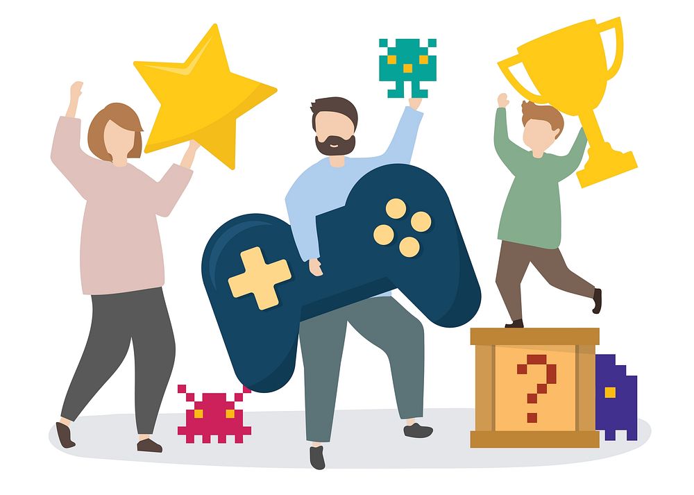 People with gaming icons illustration
