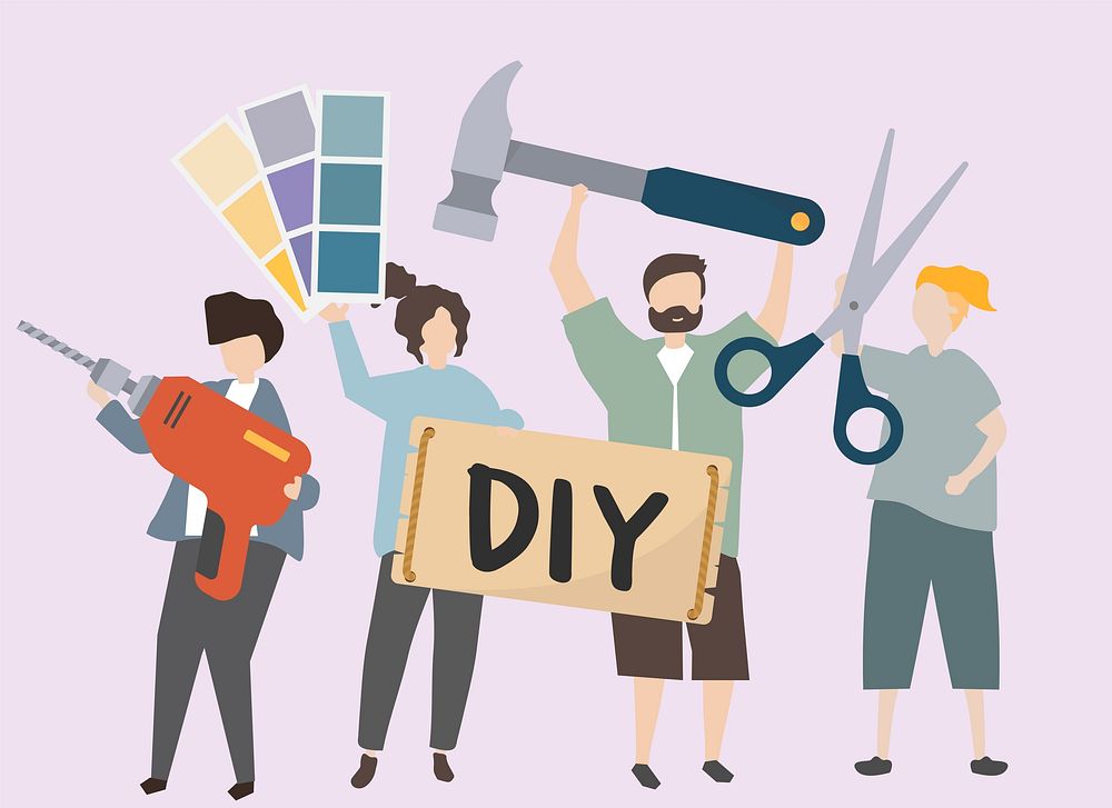 People carrying various DIY tools illustration