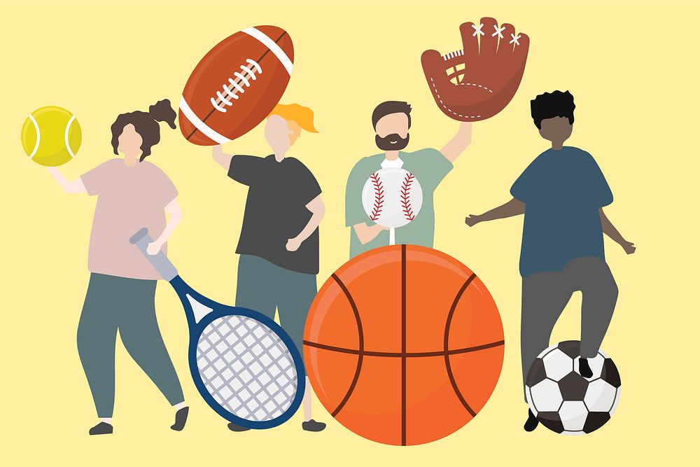A group of people with sport equipment illustration