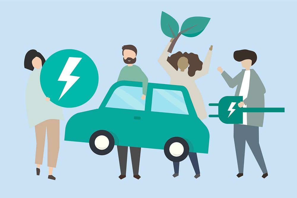 People with an electric car illustration