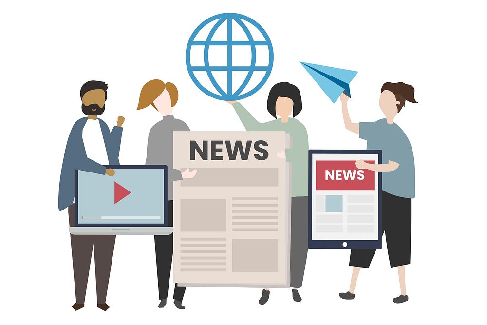 People with global news illustration