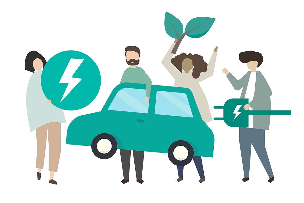 People with green electric car illustration