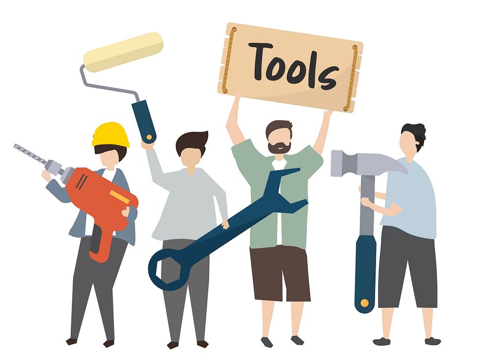 People holding construction tools illustration