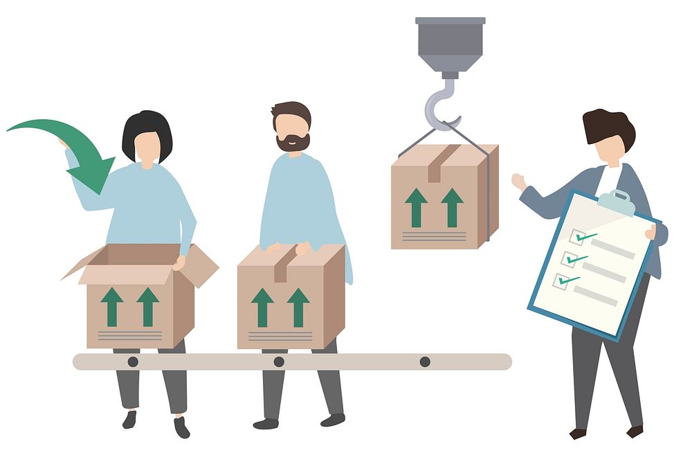 Workers packing goods for distribution illustration