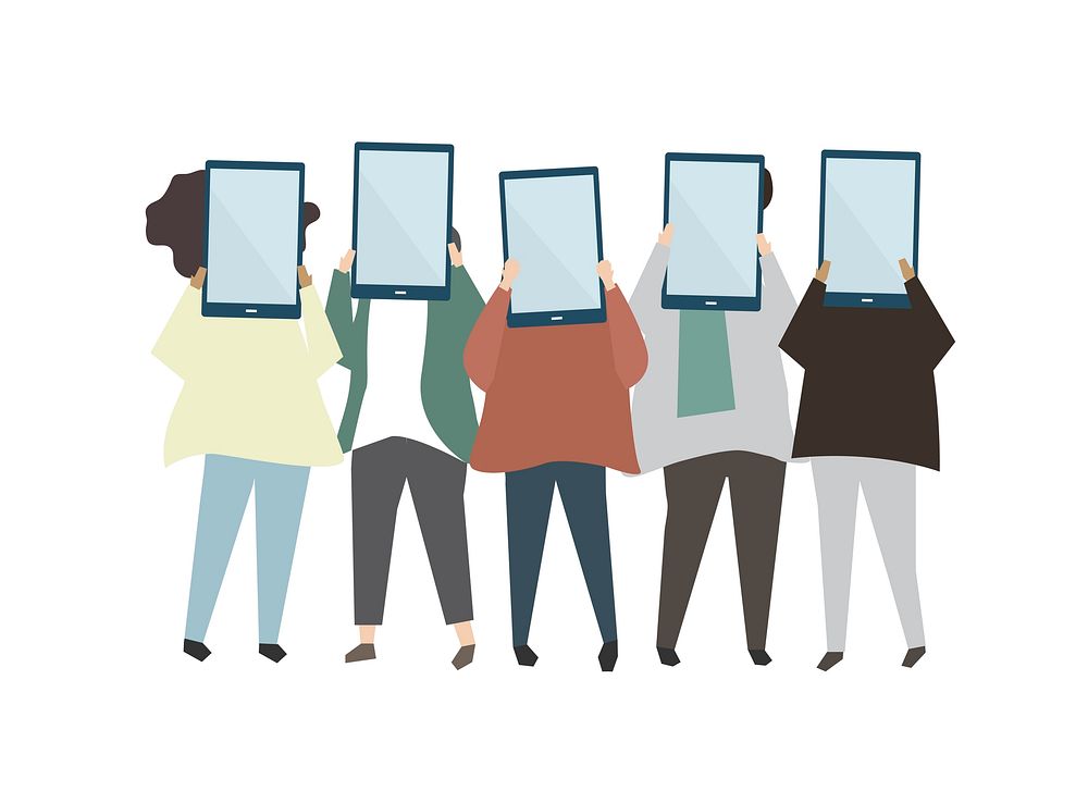 Group of friends holding digital tablets illustration