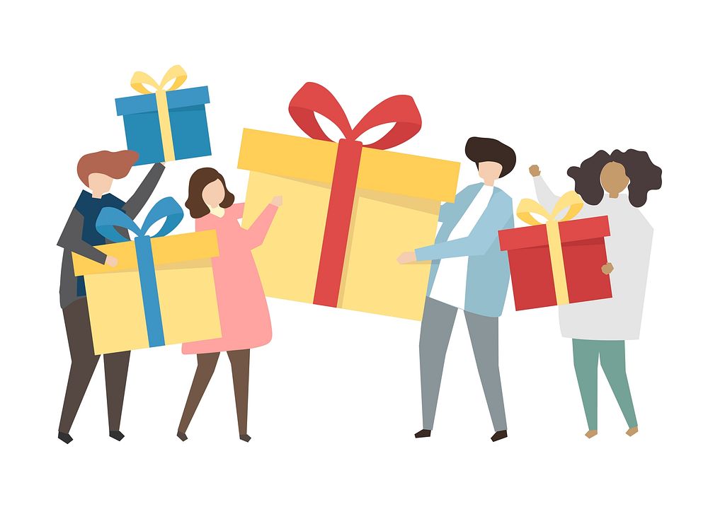 Friends holding gifts and presents illustration
