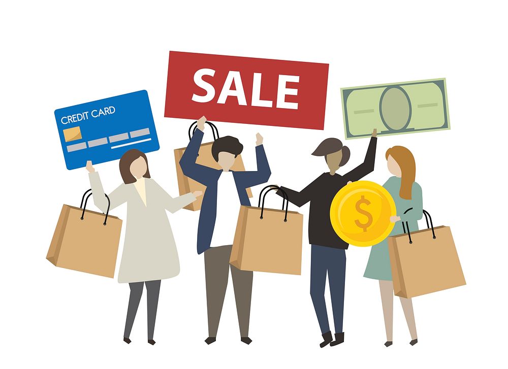 People shopping with credit card illustration