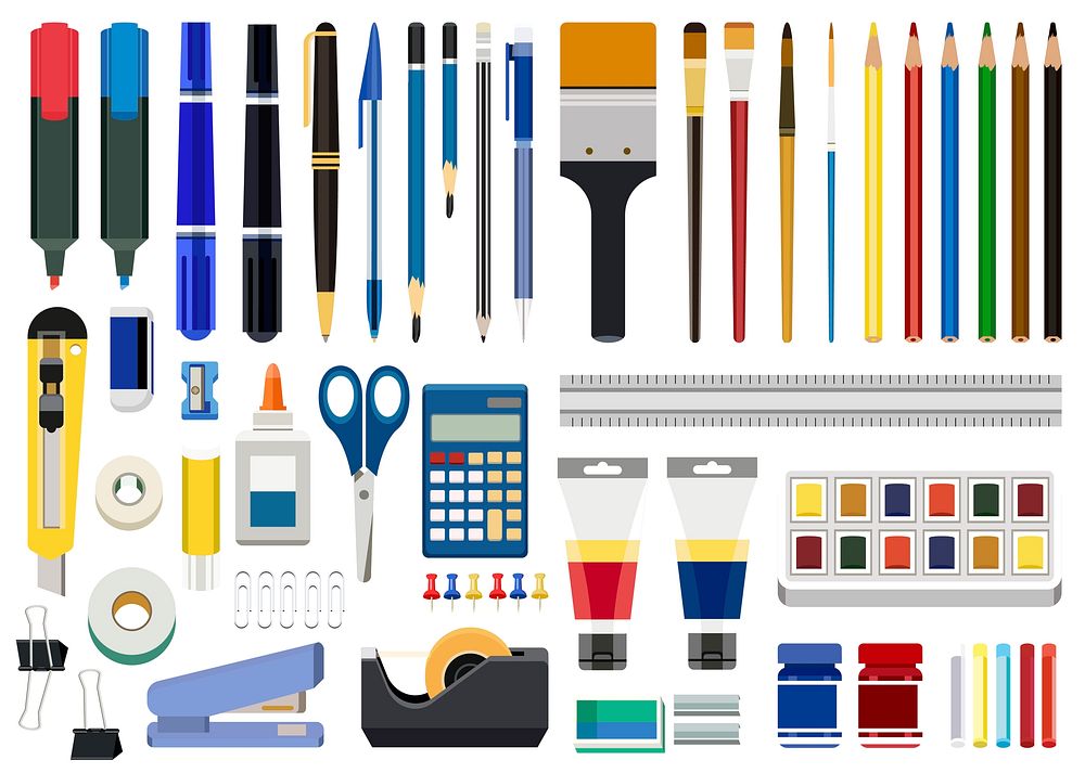 Office stationery and art tools isolated on white background