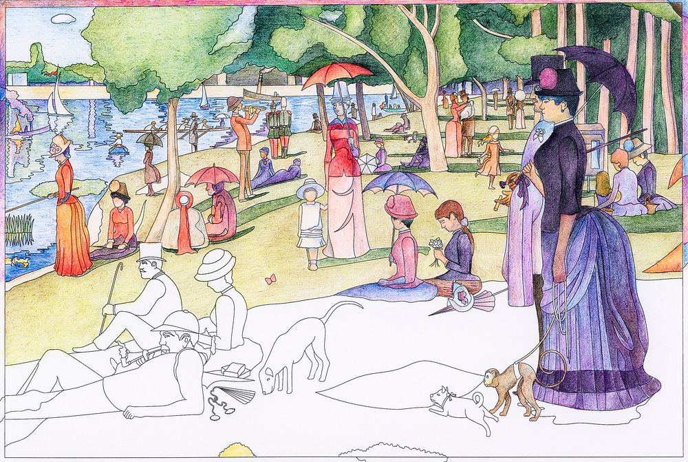 A Sunday on La Grande Jatte (1884) by Georges Seurat adult coloring page