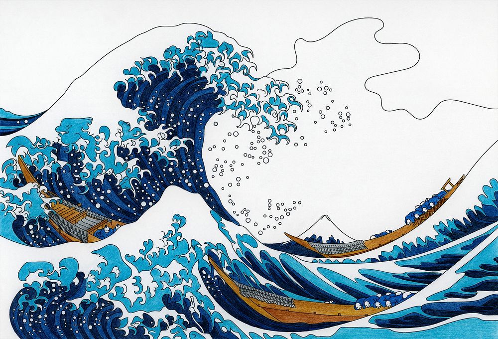 The Great Wave of Kanagawa (1829&ndash;1833) by Katsushika Hokusai: adult coloring page
