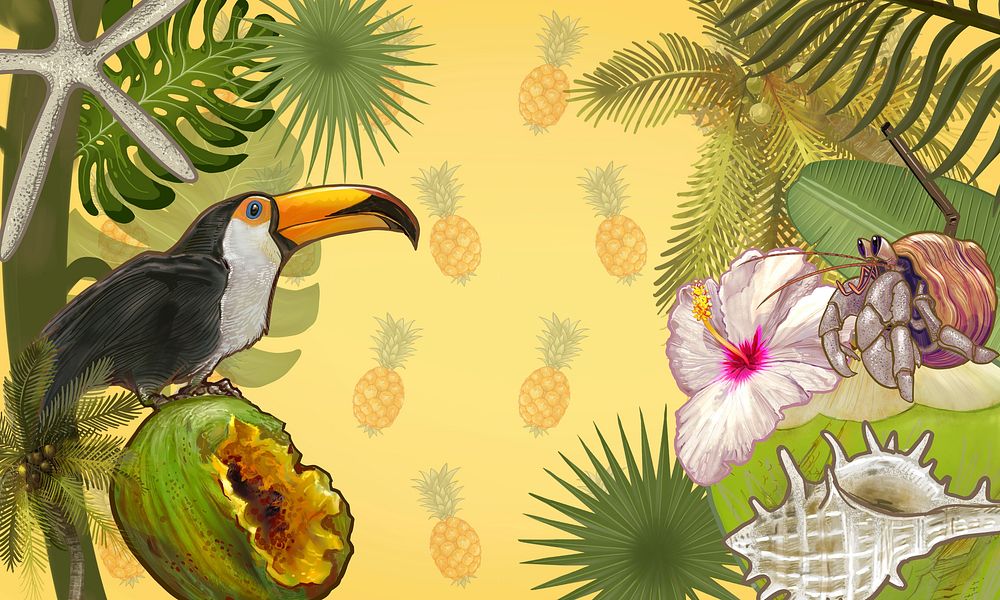 Tropical plants and fruits background
