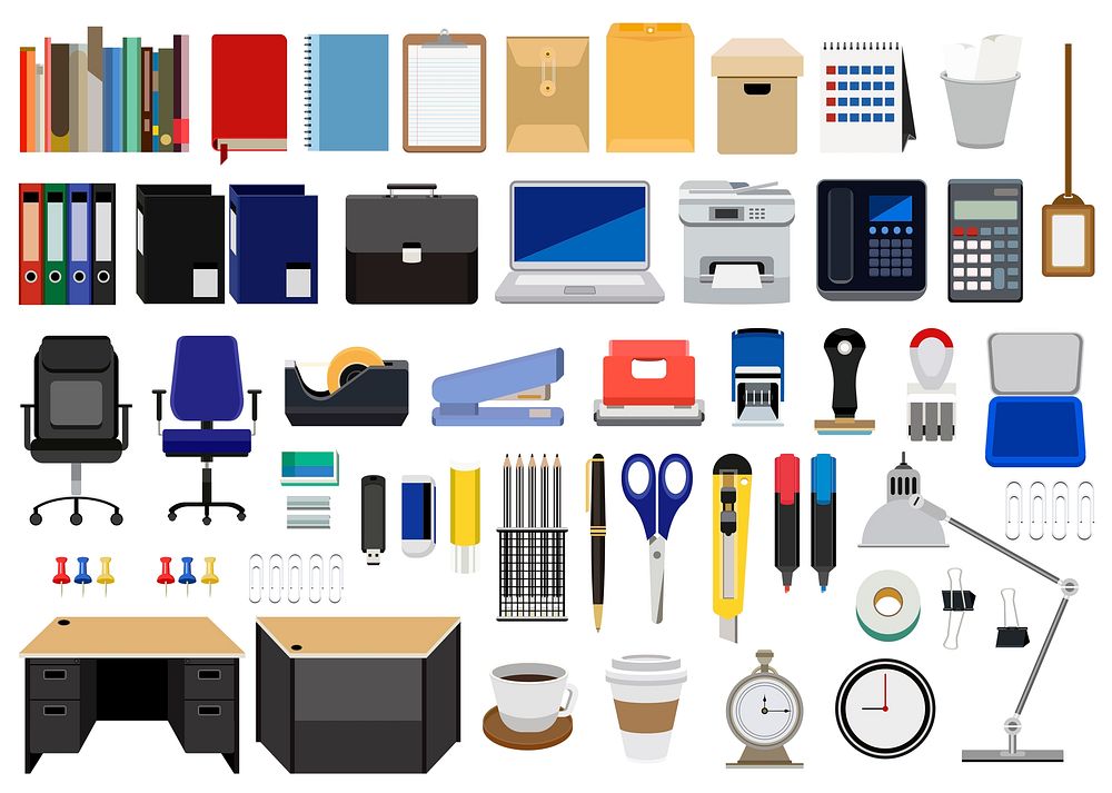 Collection of office stationery, furnitures, and machines isolated on white background