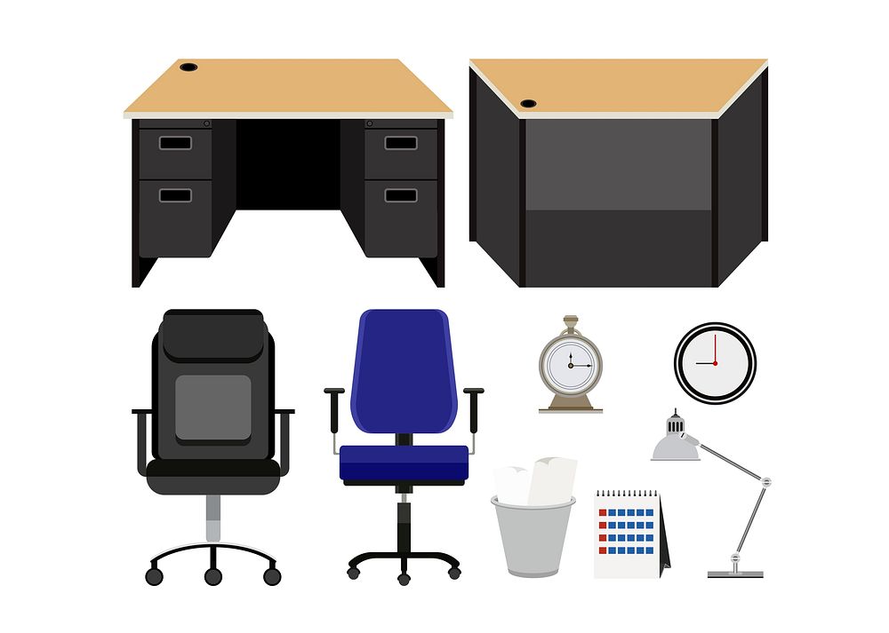 Collection of office furnitures isolated on white background