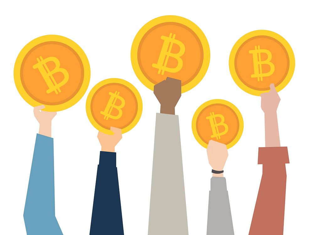 Illustration of hands showing bitcoins