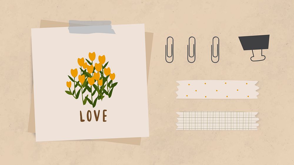 Love word message and flowers on notepaper with paper clips, binder clip and washi tape on light brown textured paper…