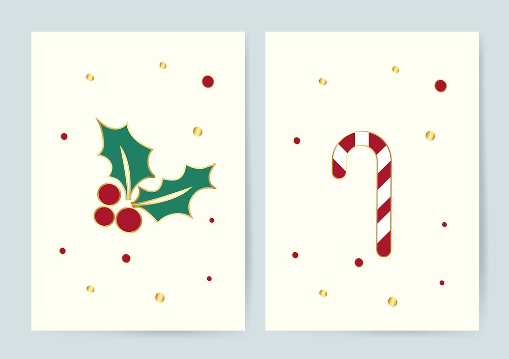 Holly leaves and candy cane Christmas cards vector