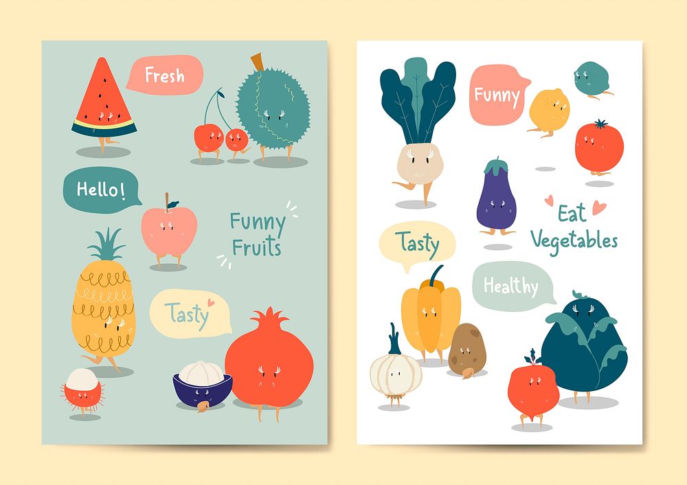 Funny fruits and vegetables vector set