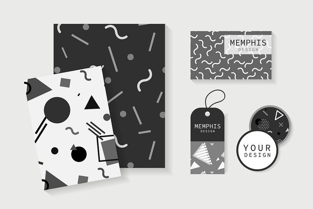 Memphis patterned office supplies vector set