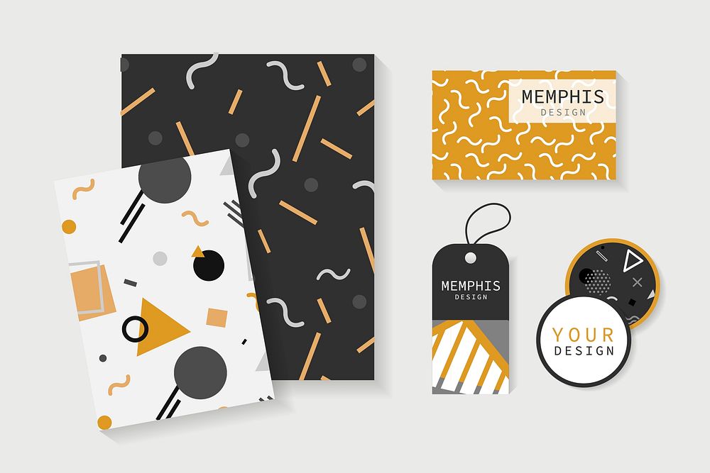 Memphis patterned office supplies vector set