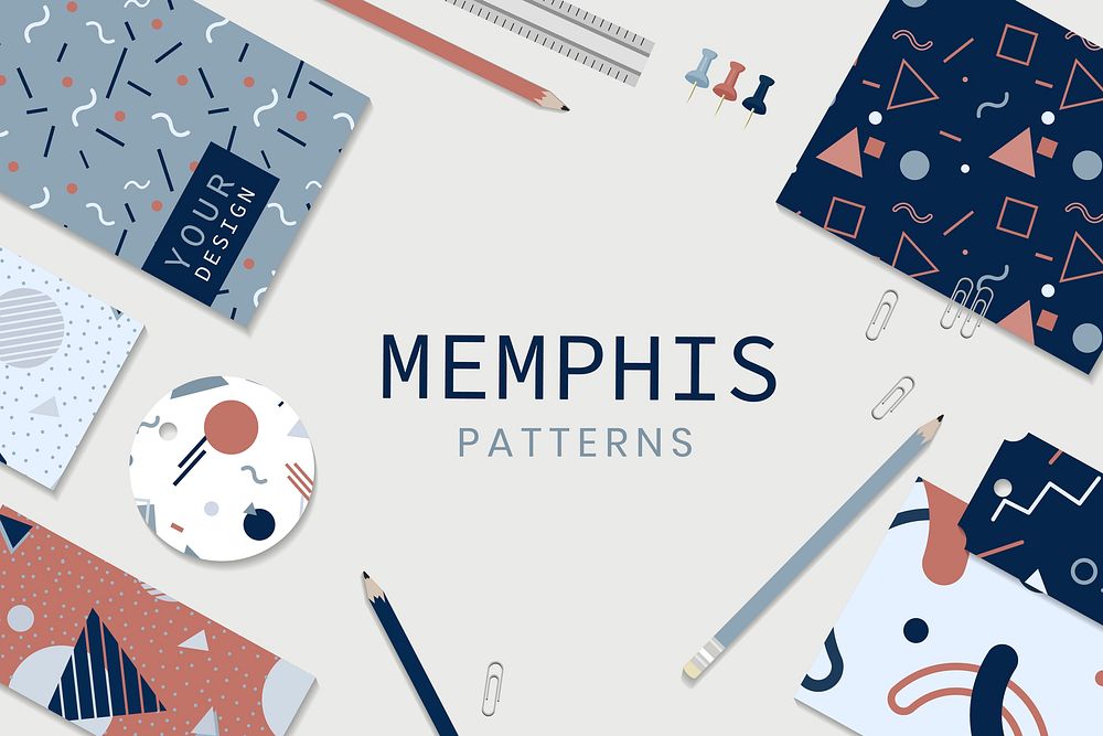 Memphis patterned office supplies vector set