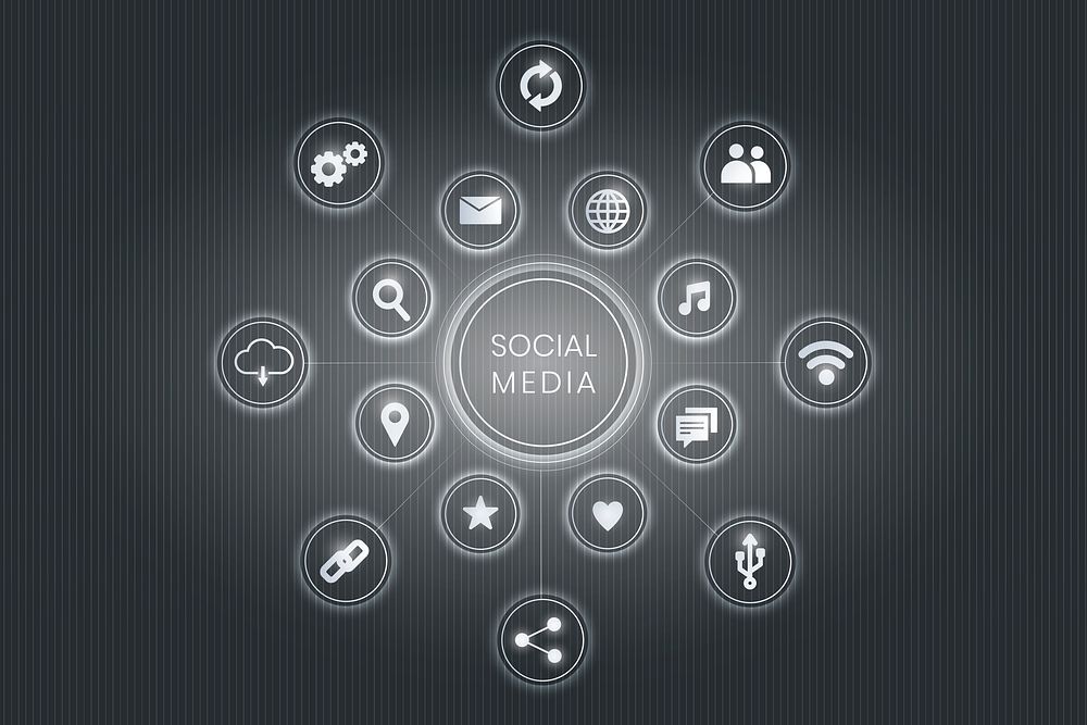 Gray social media technology icons background vector