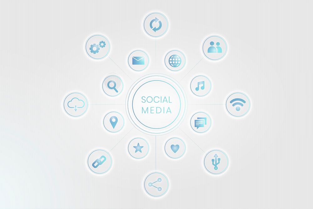 Blue social media technology icons background vector