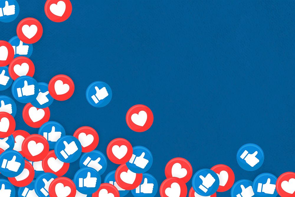 Social media thumbs up and heart icons border on blue background vector