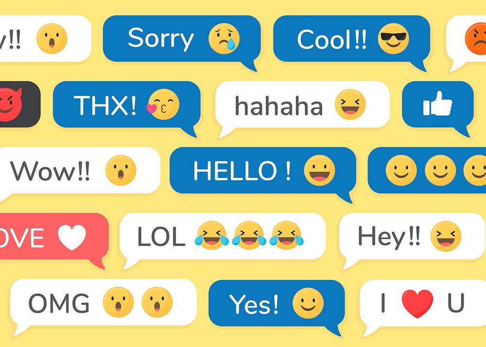 Social media emoji in speech bubbles patterned background vector