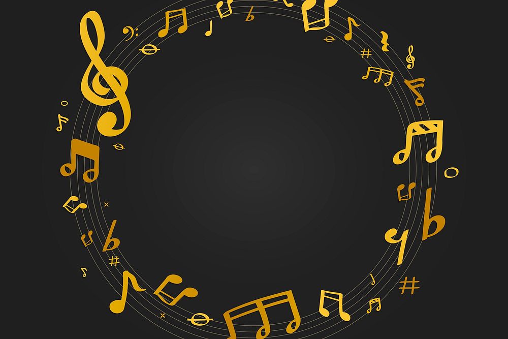 Yellow music notes round badge on black background vector