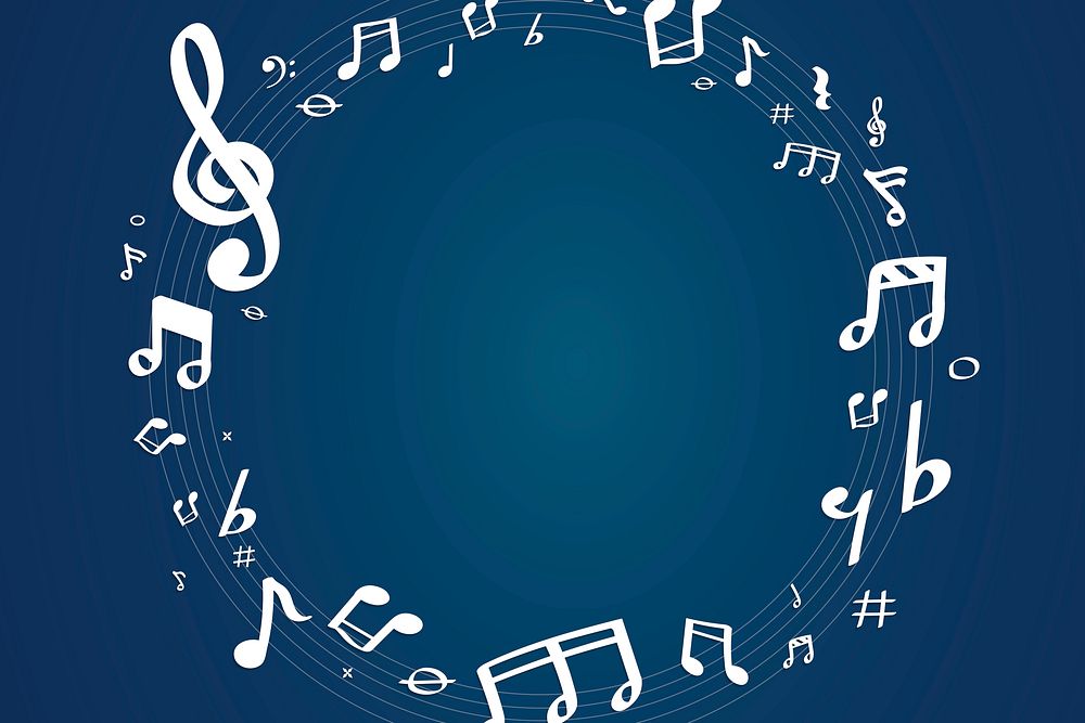 White music notes round badge on blue background vector