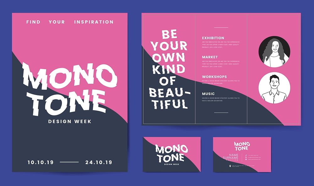 Monotone corporate brochure and business card template mockup vector
