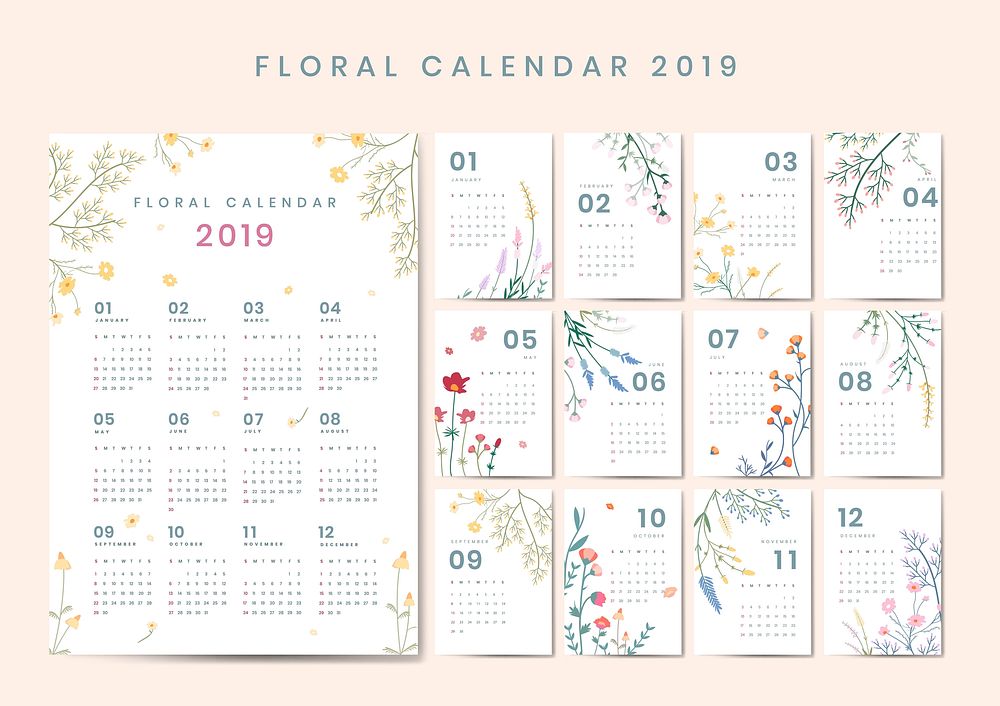 Floral calendar 2019 vector set