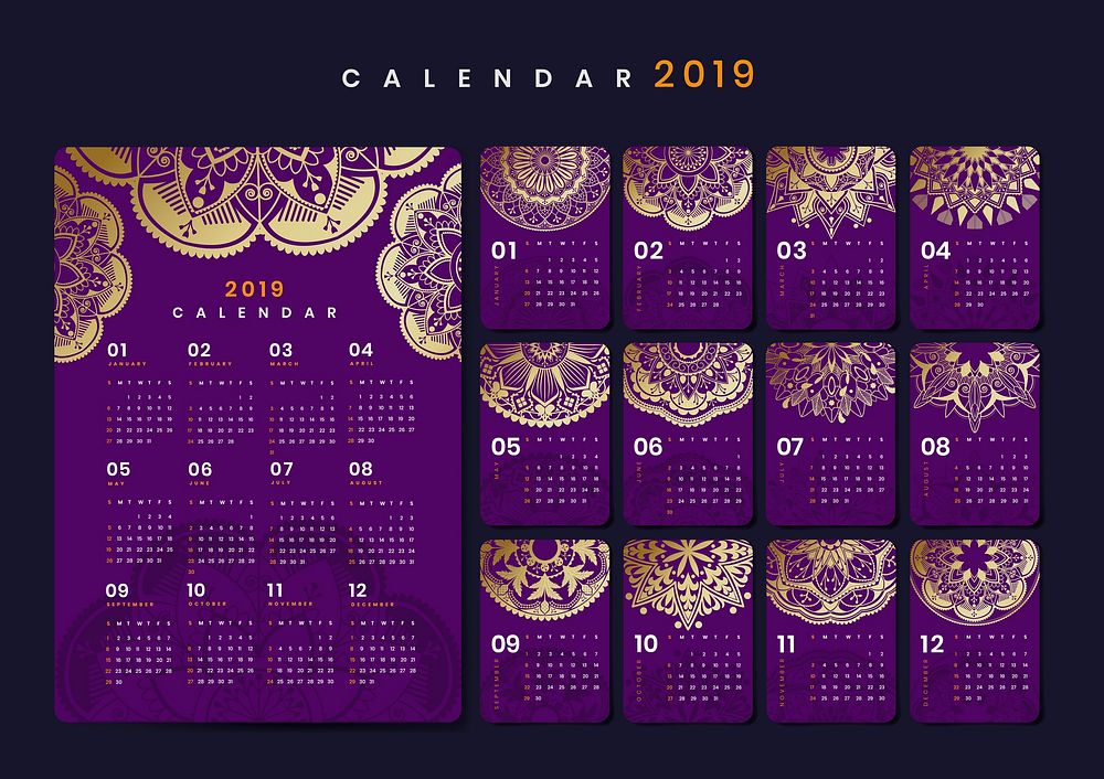 Mandala calendar 2019 vector posters set