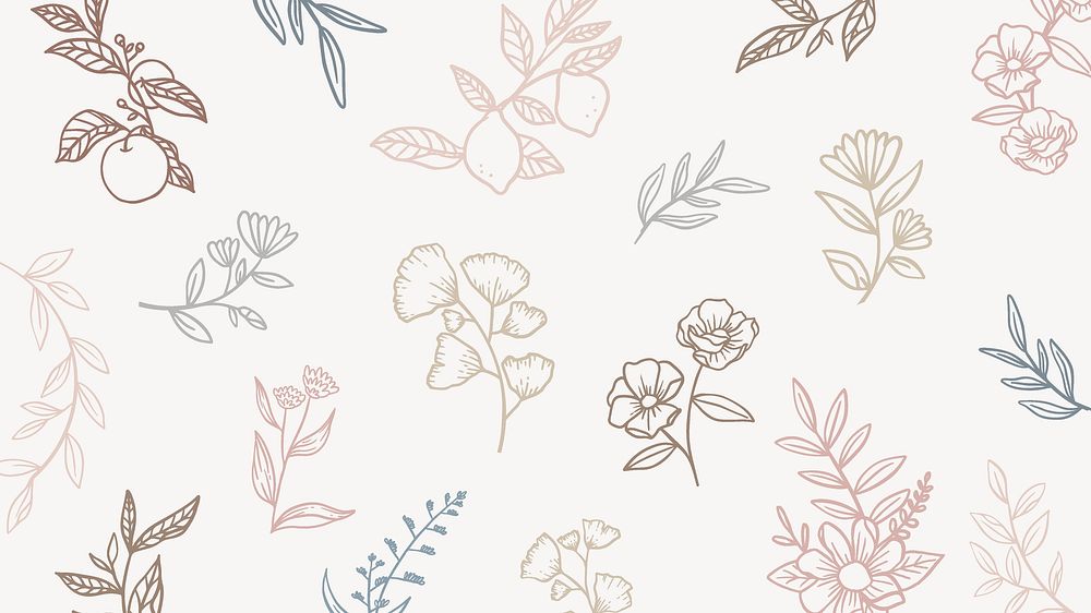 Botanical flower desktop wallpaper, line art pattern on beige background