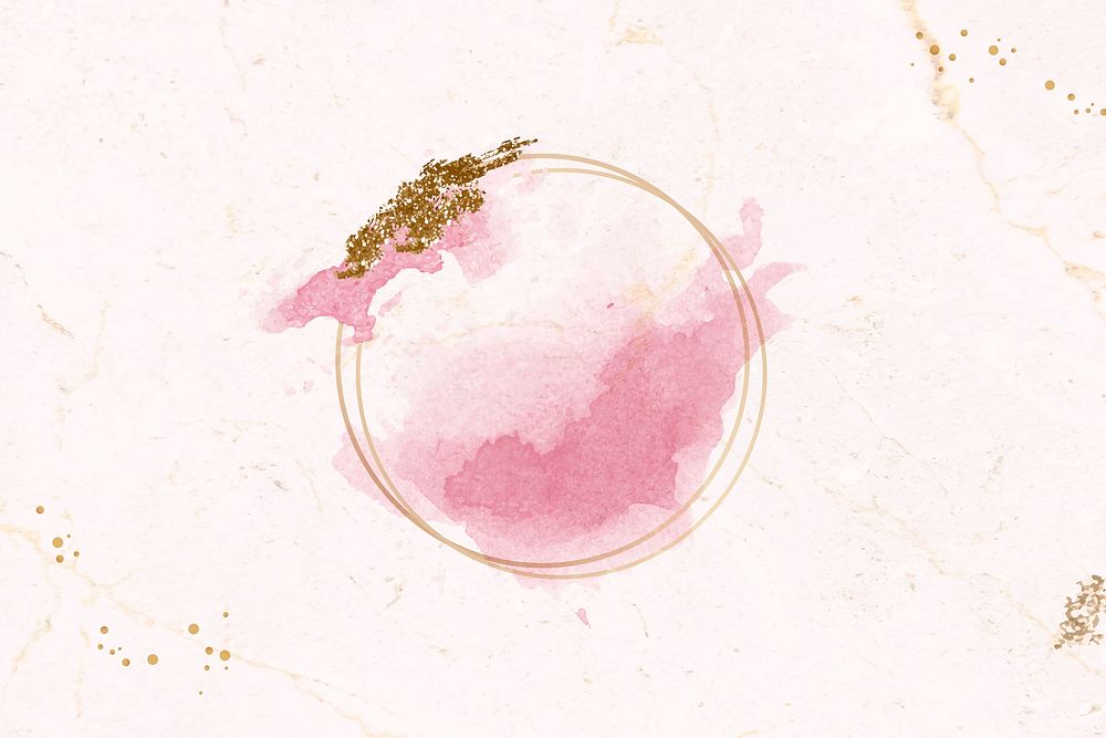 Gold round frame on pink watercolor background vector
