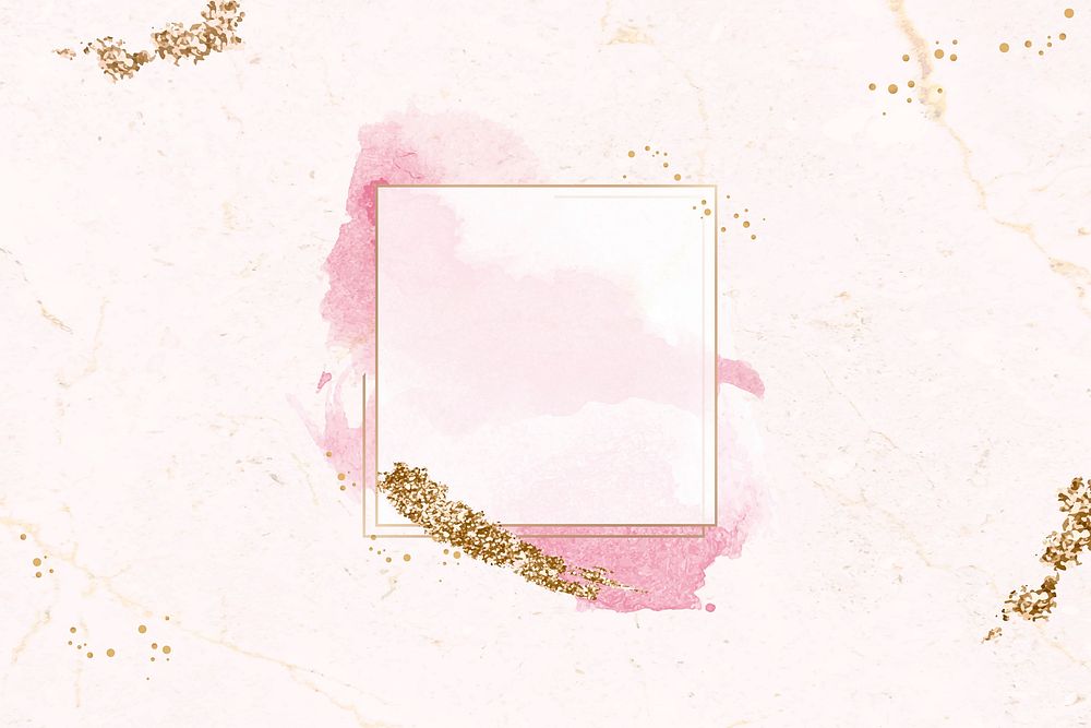 Gold square frame on pink watercolor background vector