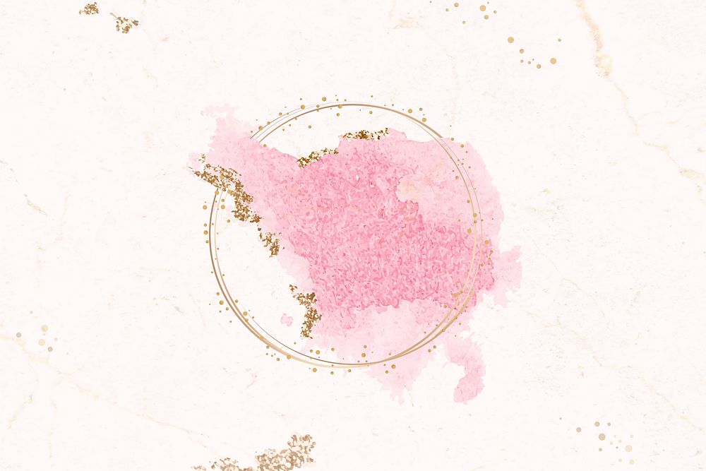 Gold round frame on pink watercolor background vector