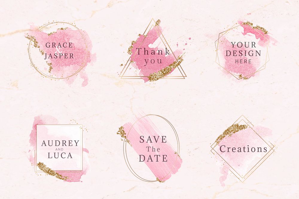 Gold frames on pink watercolor background vector collection